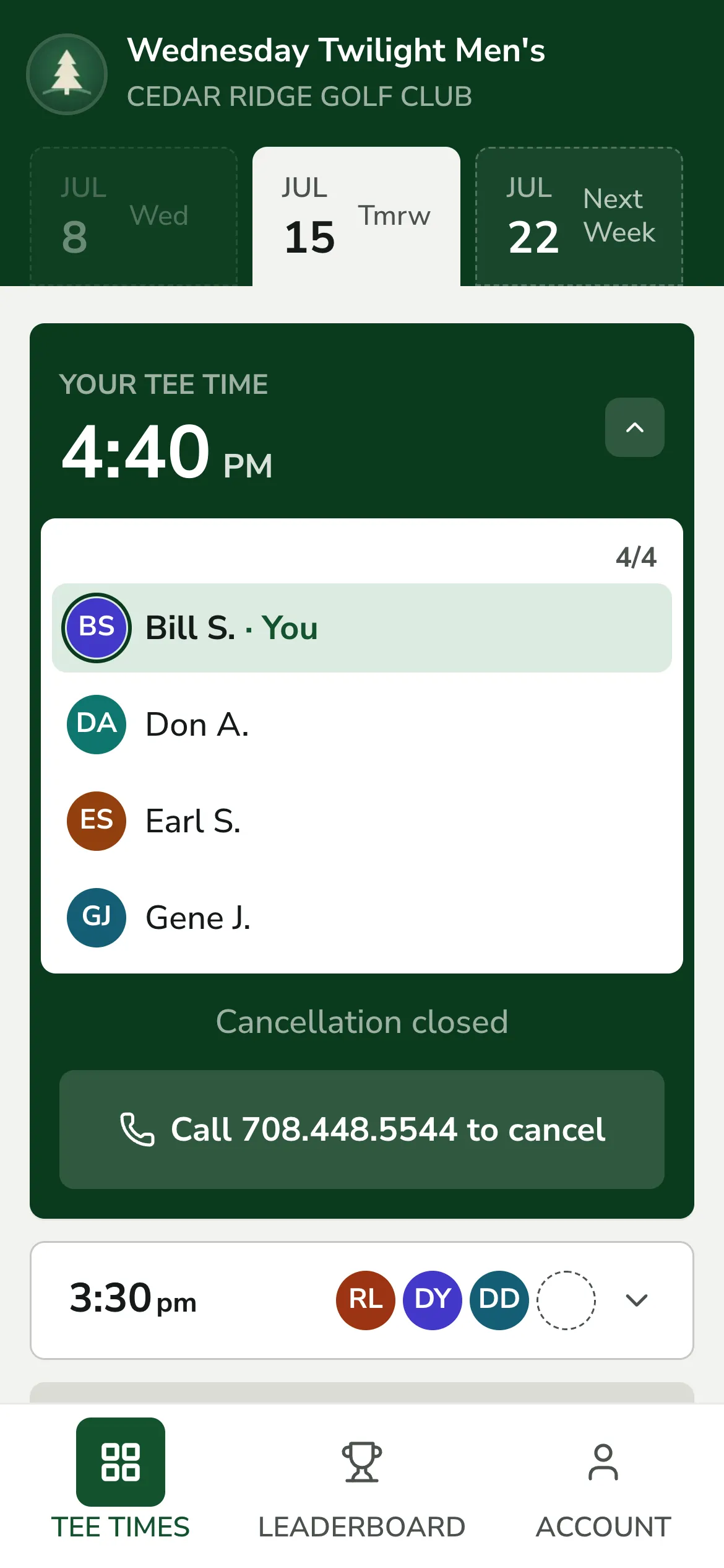 The same 4:40 PM tee time on a golfer’s phone, with cancellation closed